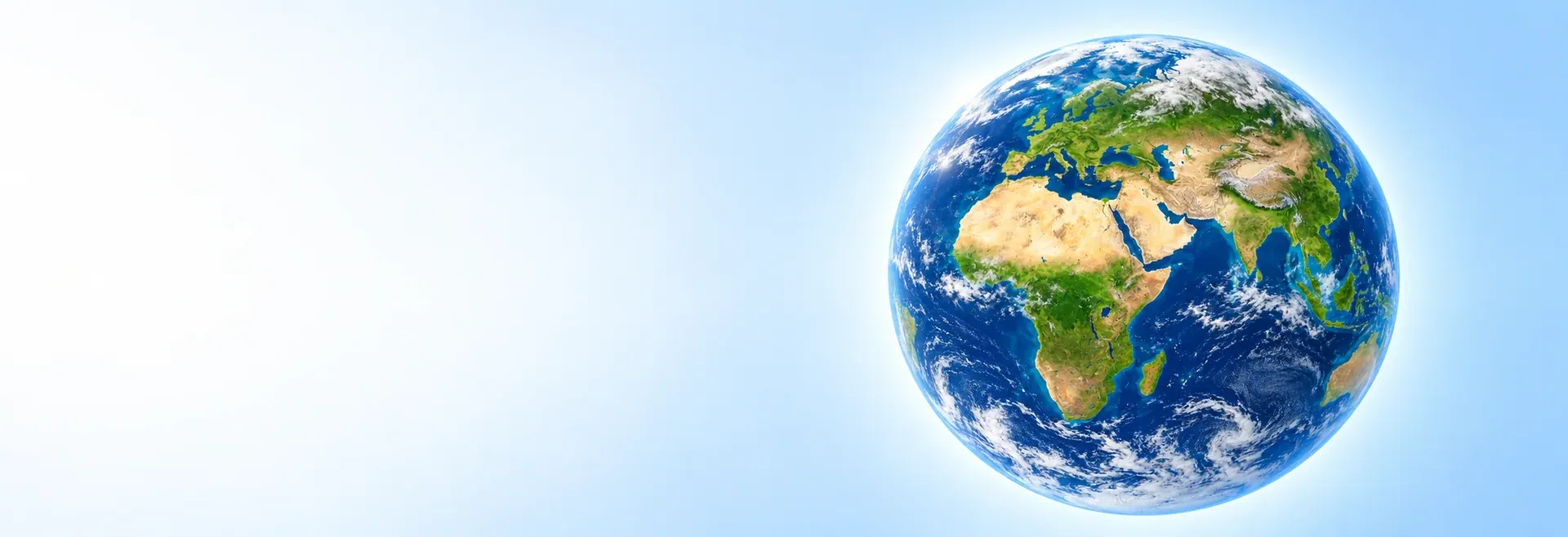 Earth showing Africa, Europe, and Asia against a white and pale blue background