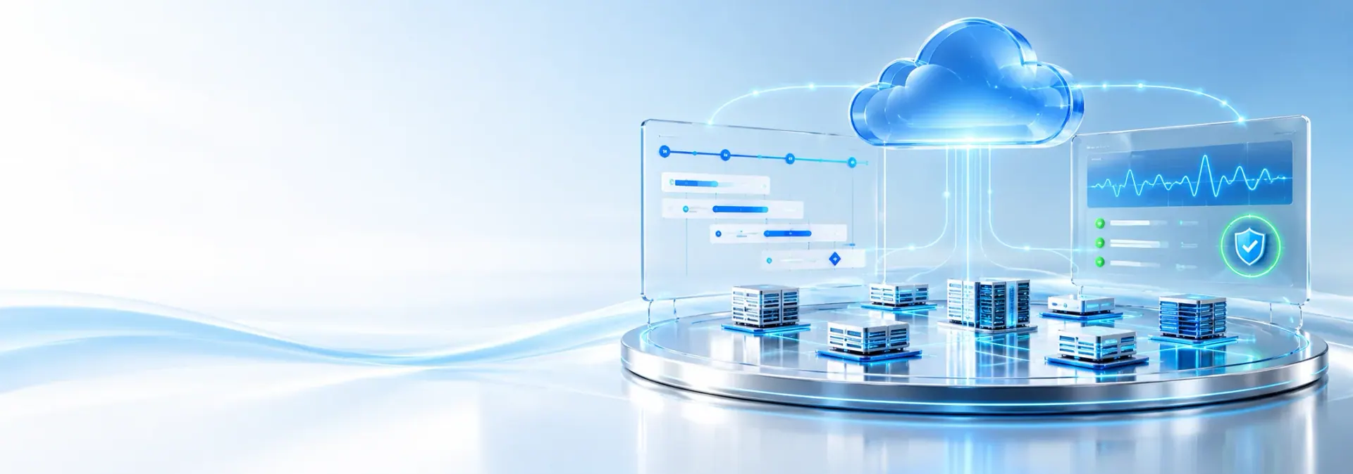 Cloud-connected application landscape with project timelines, operational monitoring, and security dashboards