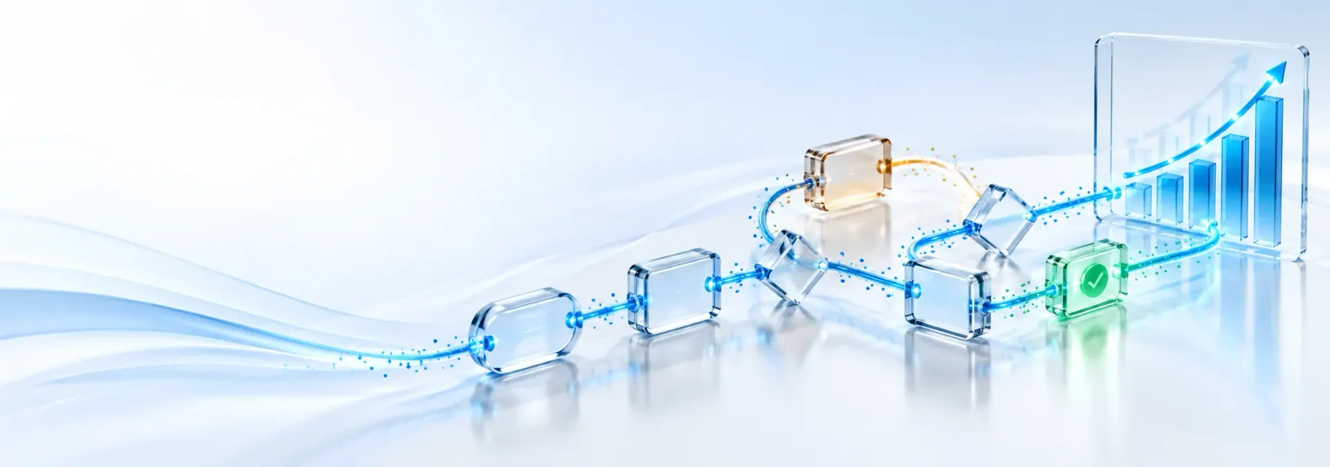 Connected process flow with glass steps, a decision point, and a rising business performance chart