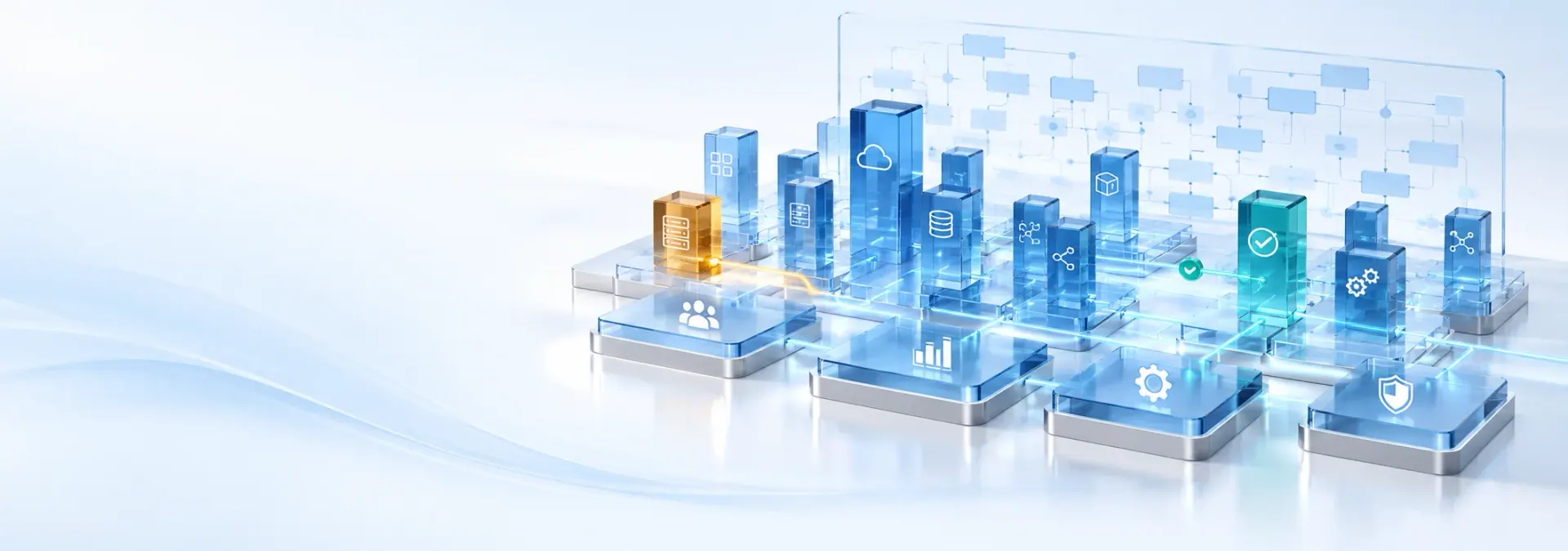 Connected enterprise applications and infrastructure represented by glass towers and architecture diagrams